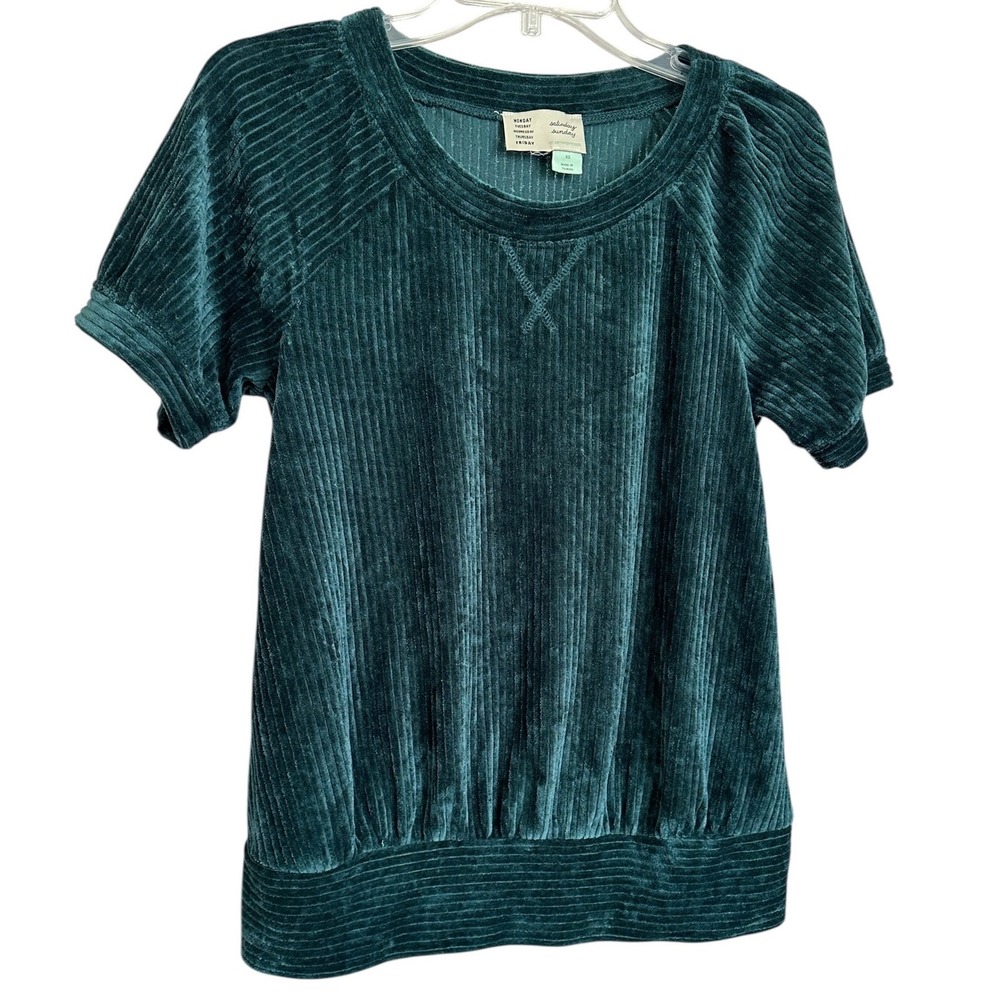 Saturday Sunday Anthropologie Green Corduroy Knit Velour Top Tee XS Short Sleeve